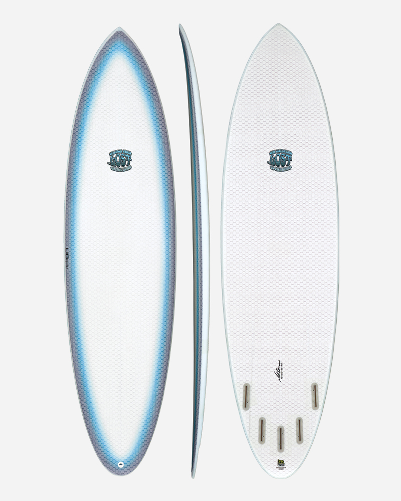 Surfboard with a smooth gradient design and multiple fin boxes.
