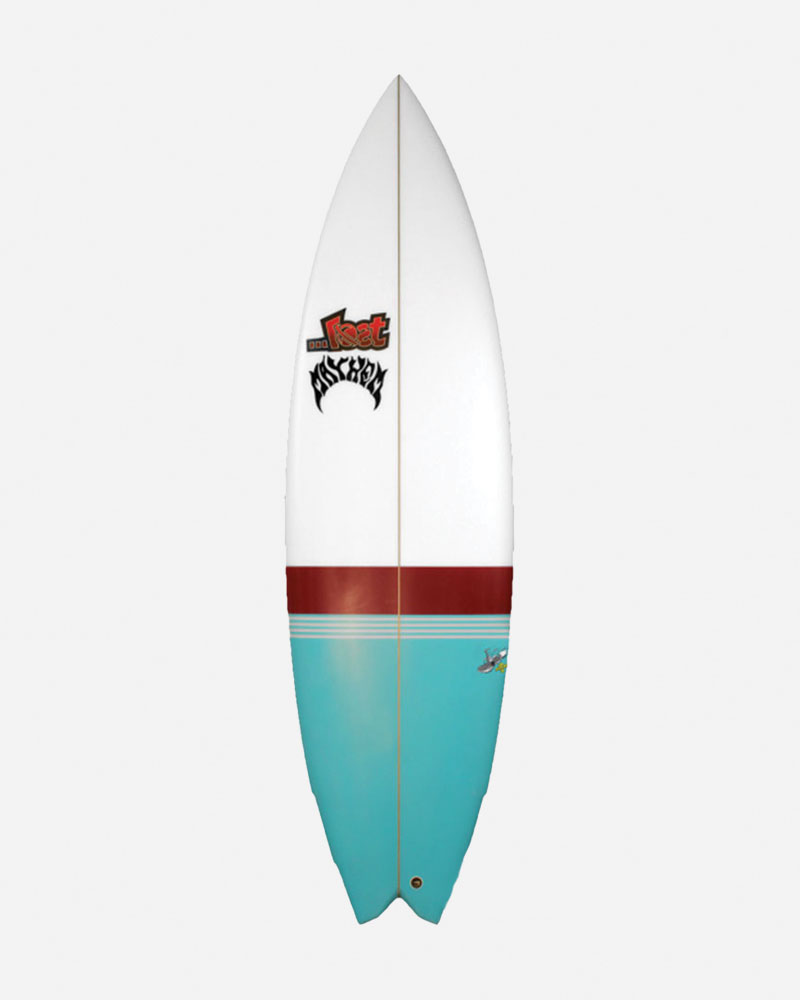 A surfboard with a white top and turquoise bottom. It features a red stripe and a small graphic on the bottom. The brand logo is visible on the top.