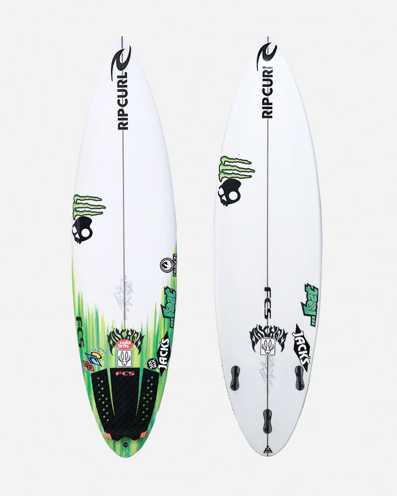 Two surfboards with vibrant designs and logos.