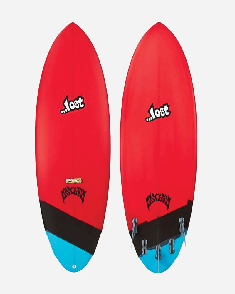 Red surfboard with black and blue accents, featuring logos.