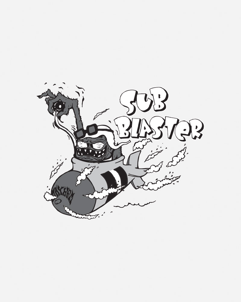 Cartoonish submarine character with the text "Sub Blaster.