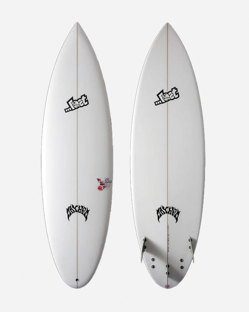 Two surfboards with white designs and logos.