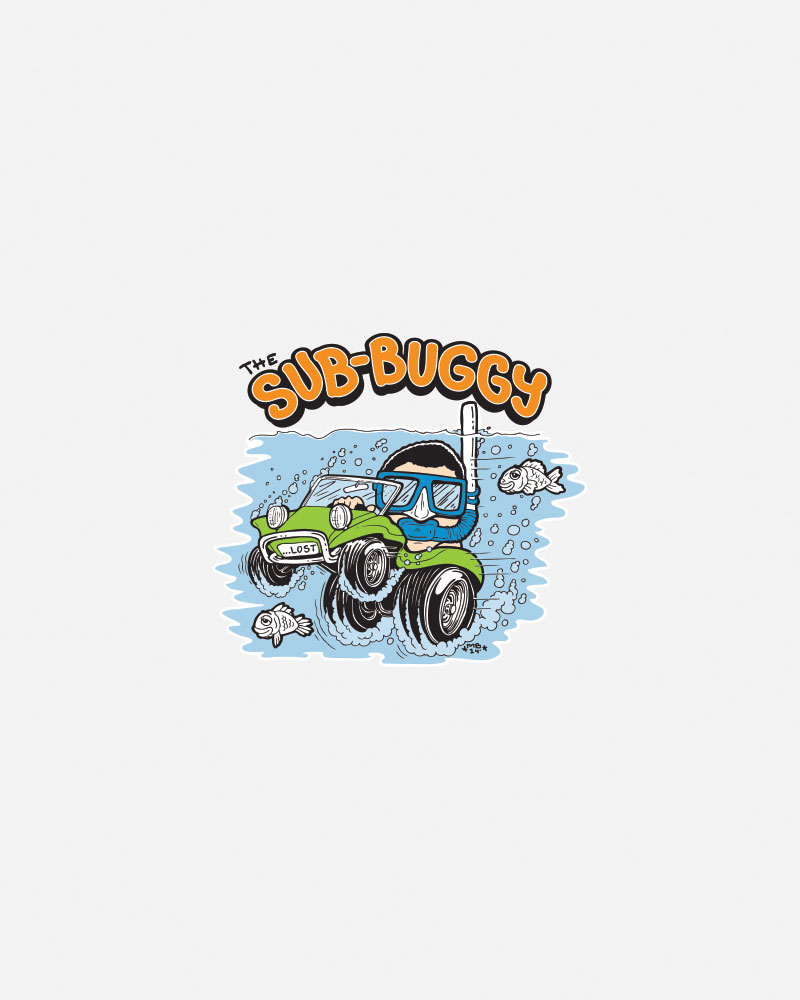 Cartoon logo of a buggy underwater with fish.