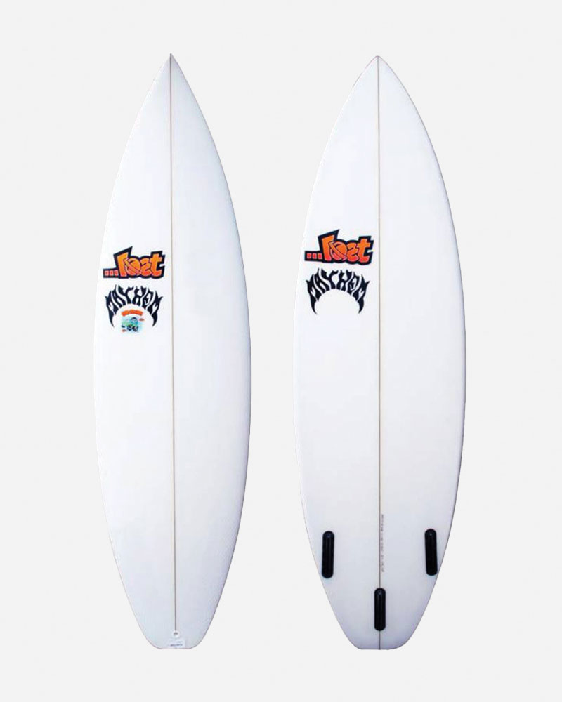 Two surfboards displayed side by side, featuring logos and designs.