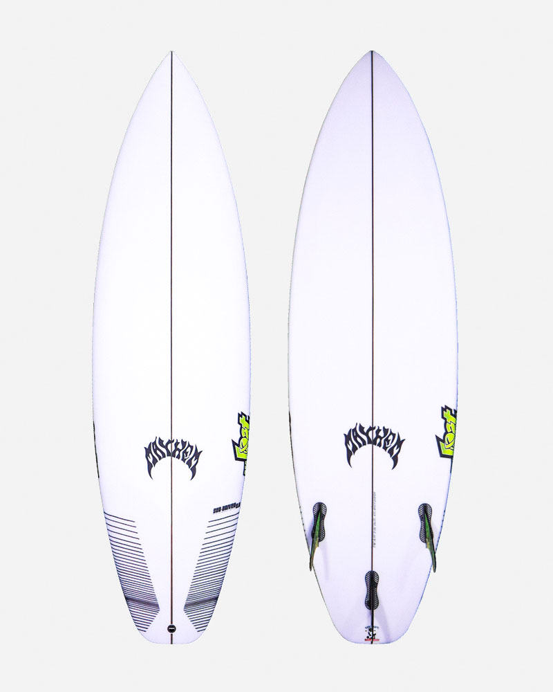 A white surfboard displayed from the top and bottom views. It features a sleek design with black and green logos, and three fin setups on the bottom. The board has a pointed nose and a slightly curved tail.
