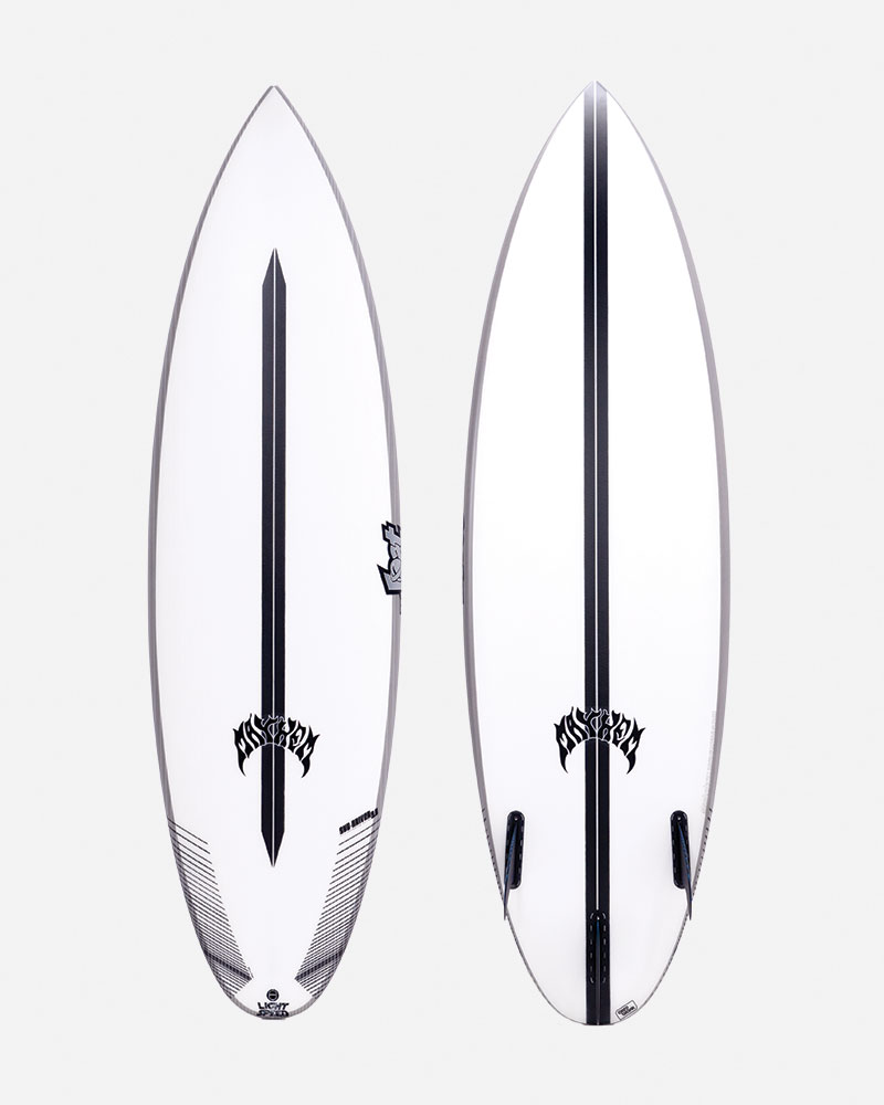 Two surfboards with a white base and black designs.