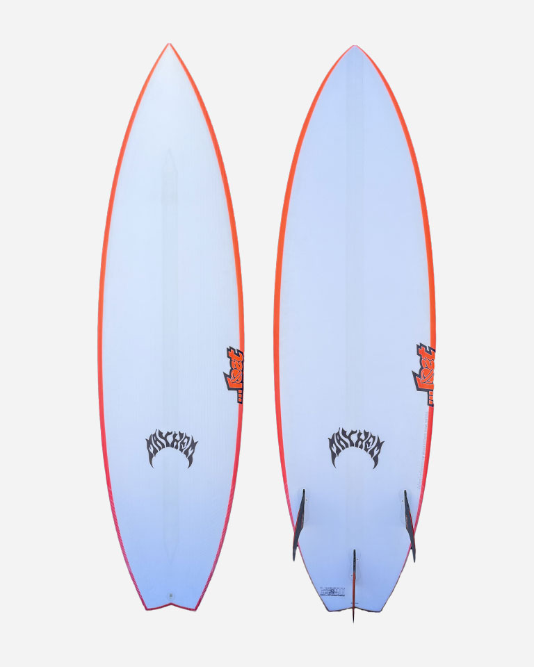 Surfboard with orange edges and black logos on both sides.