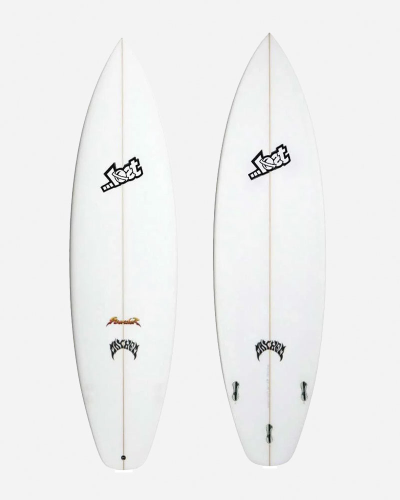 Two white surfboards with logos and fins.