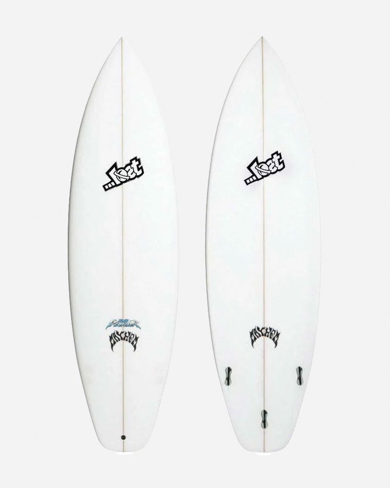 Two white surfboards with logos on each side.
