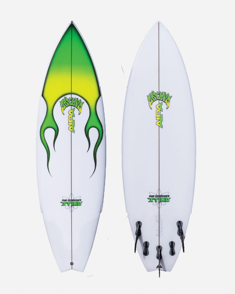 Two surfboards with green and white designs, featuring logos.