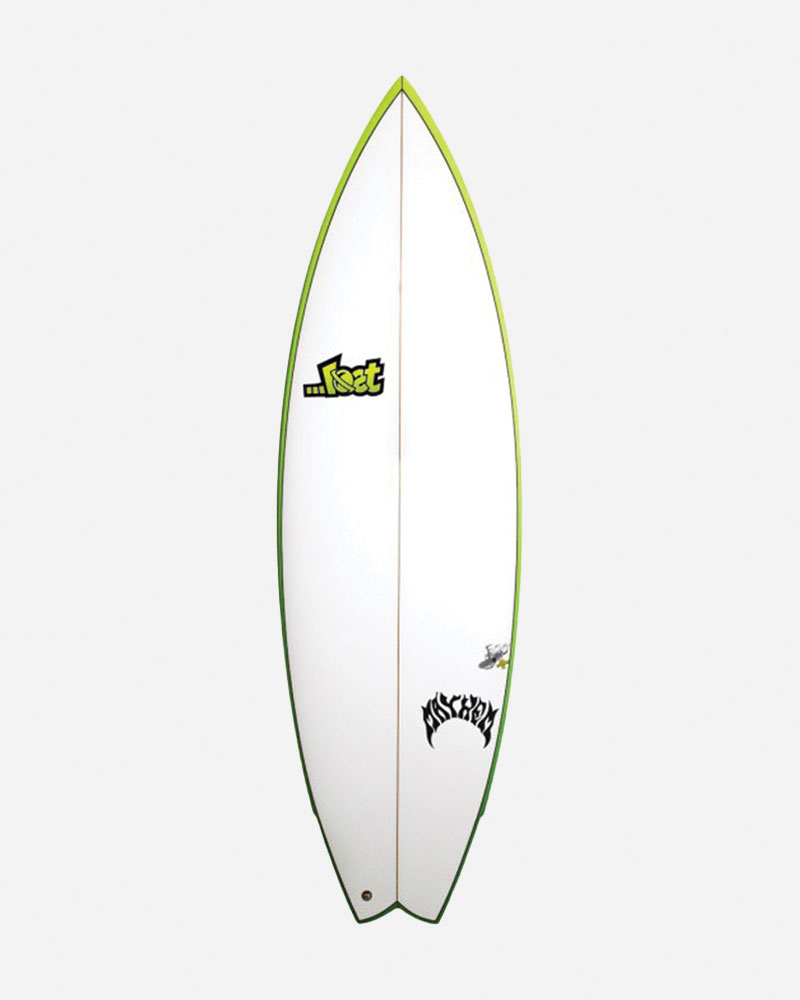 White surfboard with green edges and logos.