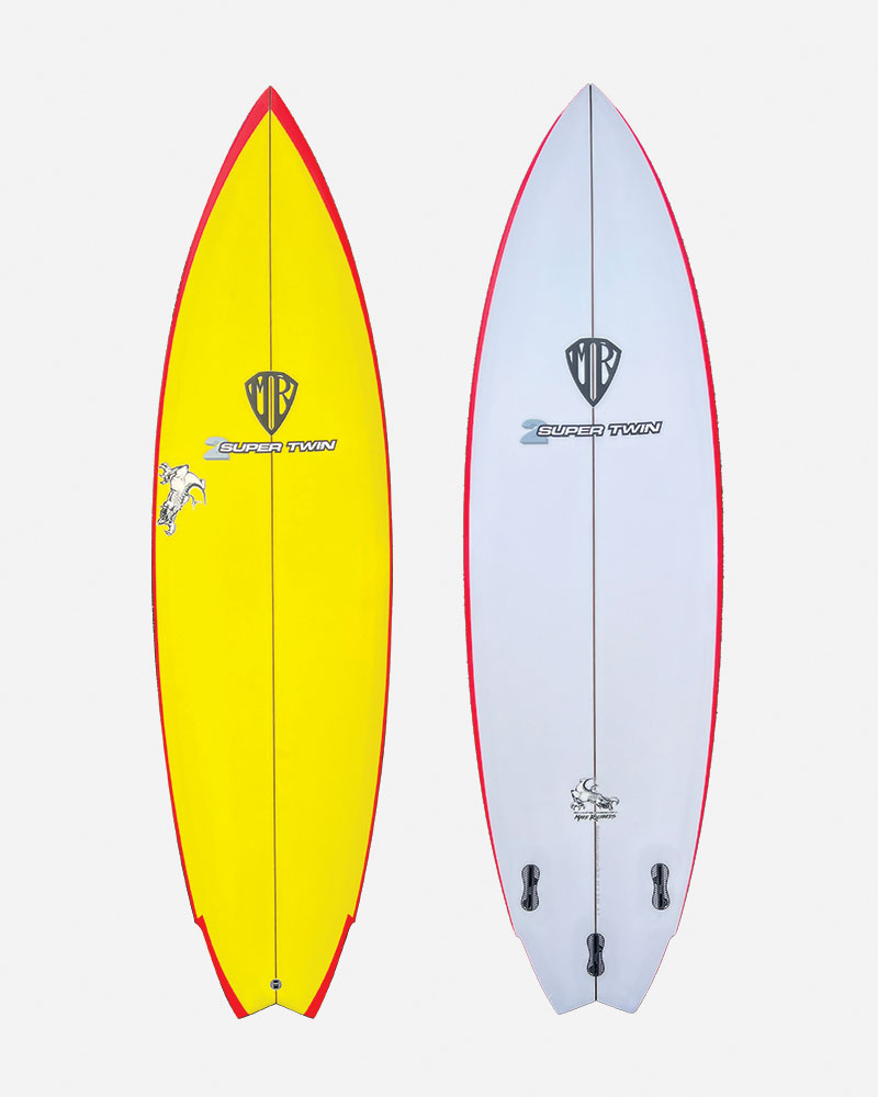 Two surfboards: one yellow with red accents, one white with red accents.