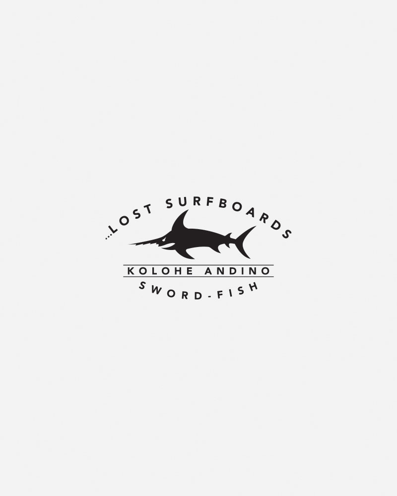 Logo featuring a swordfish with text for Lost Surfboards.