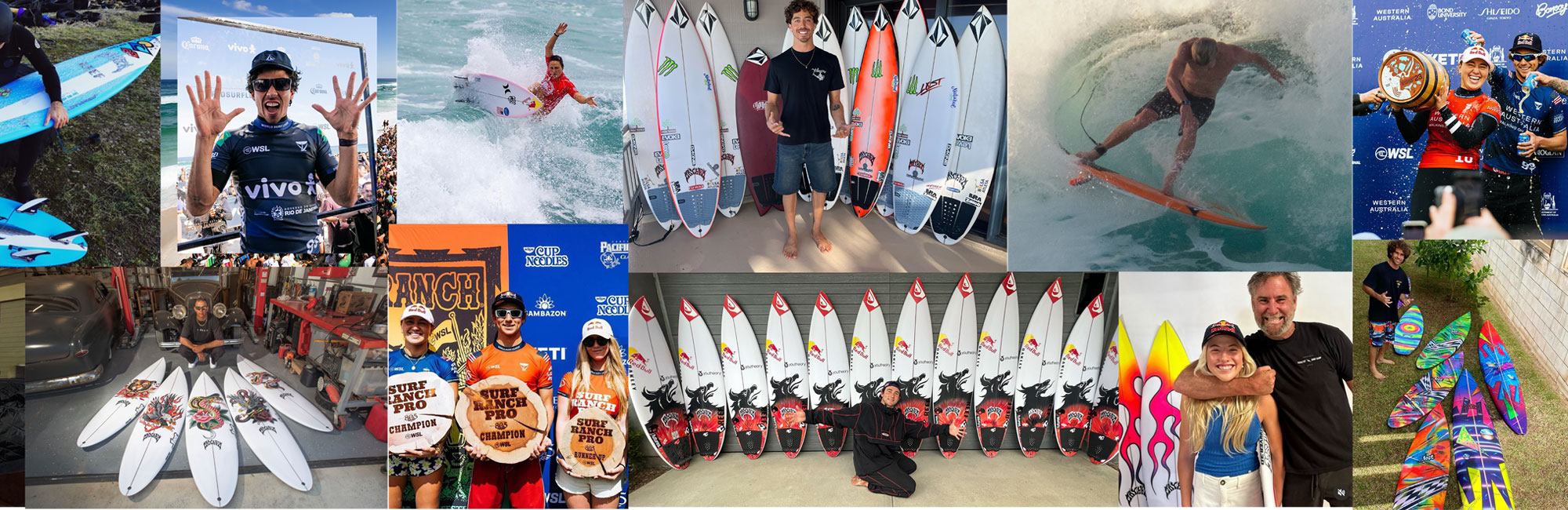 A collage of surfing images featuring surfers with boards, competitions, and awards. Highlights include surfers in action, showcasing various surfboards, and moments of celebration. The images capture the excitement and culture of surfing.