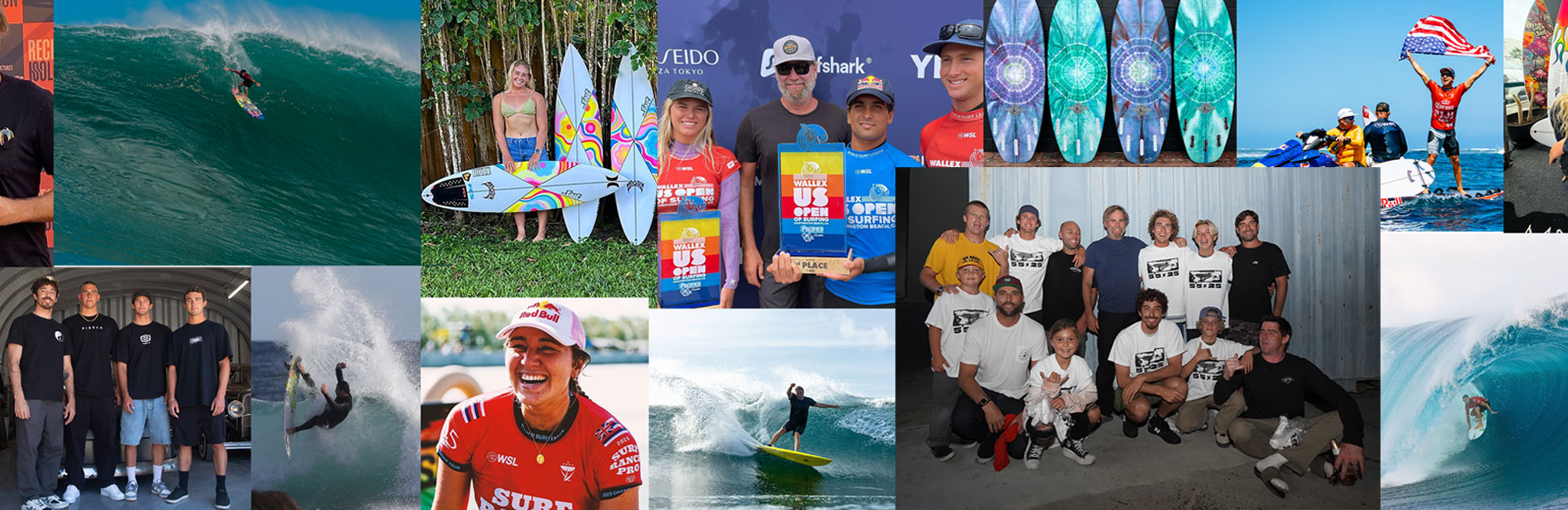 Collage of surfers, competitions, and surfboards in various settings.