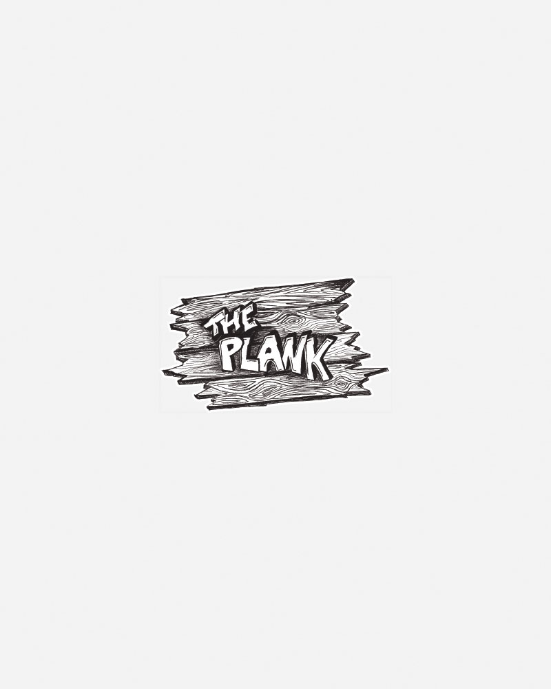 Logo design featuring the text "THE PLANK" on wood texture.