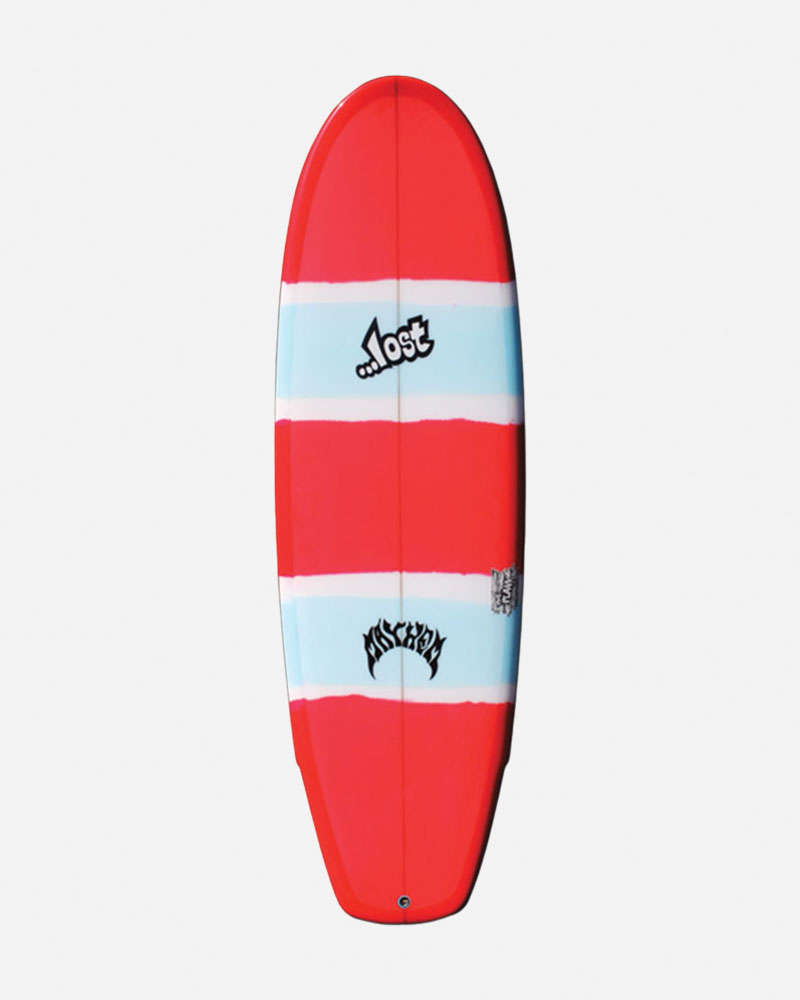 Red and blue striped surfboard with logos.
