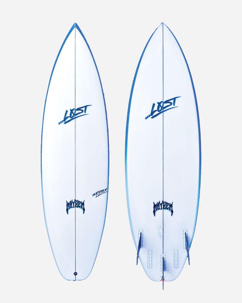 Two surfboards with a white and blue design.