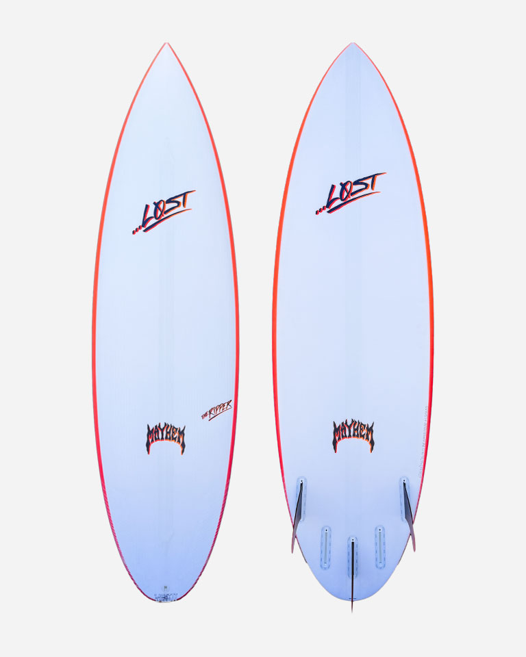 Surfboard with a white and red design, featuring logos.