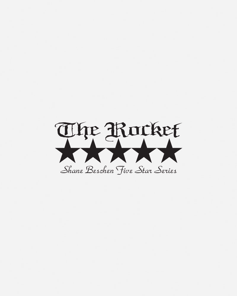 Logo featuring "The Rocket" and five stars below.
