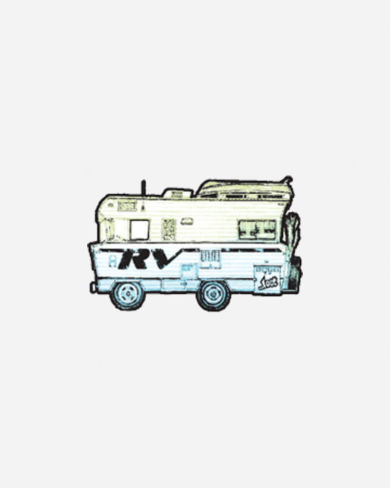 Illustration of a retro RV with "RV" logo.