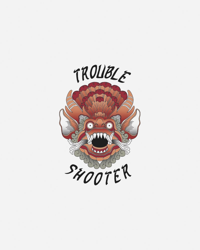 Colorful logo featuring a fierce creature with "TROUBLE SHOOTER" text.