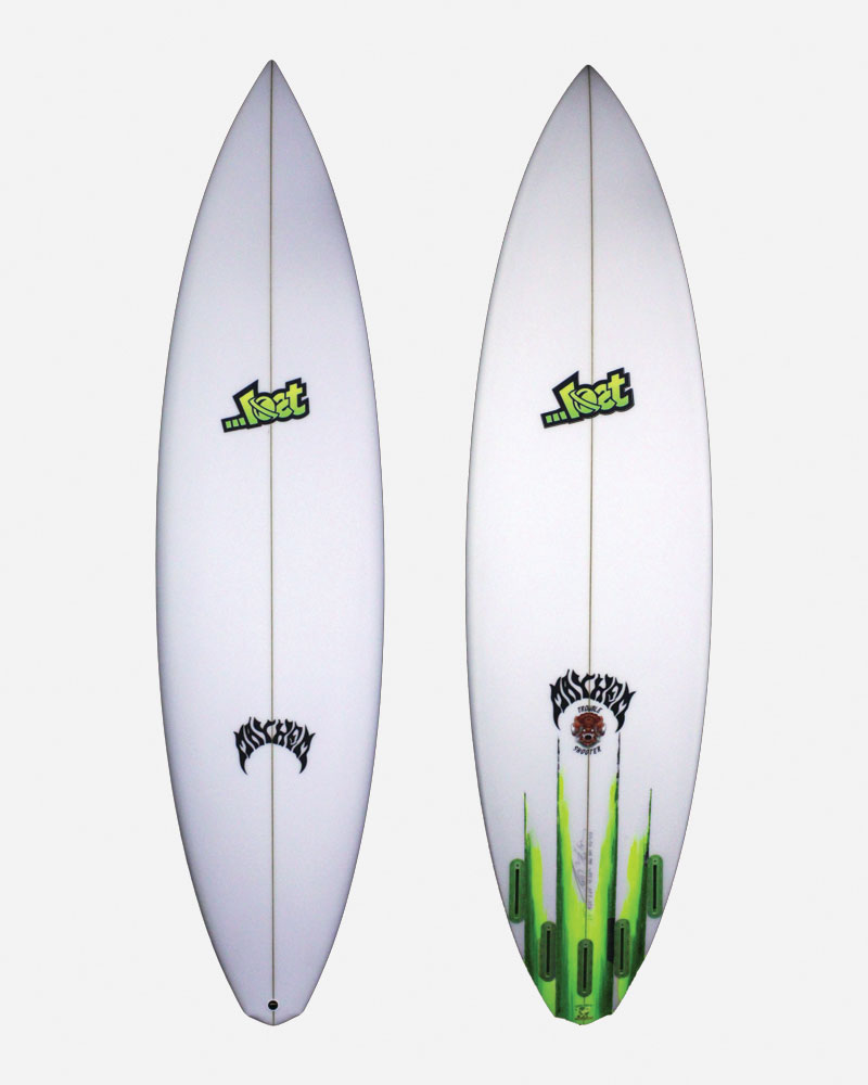 Two surfboards with distinct designs and logos.