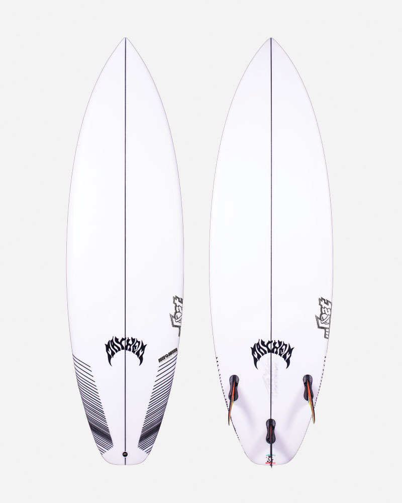 Two surfboards displayed side by side, featuring a white design.
