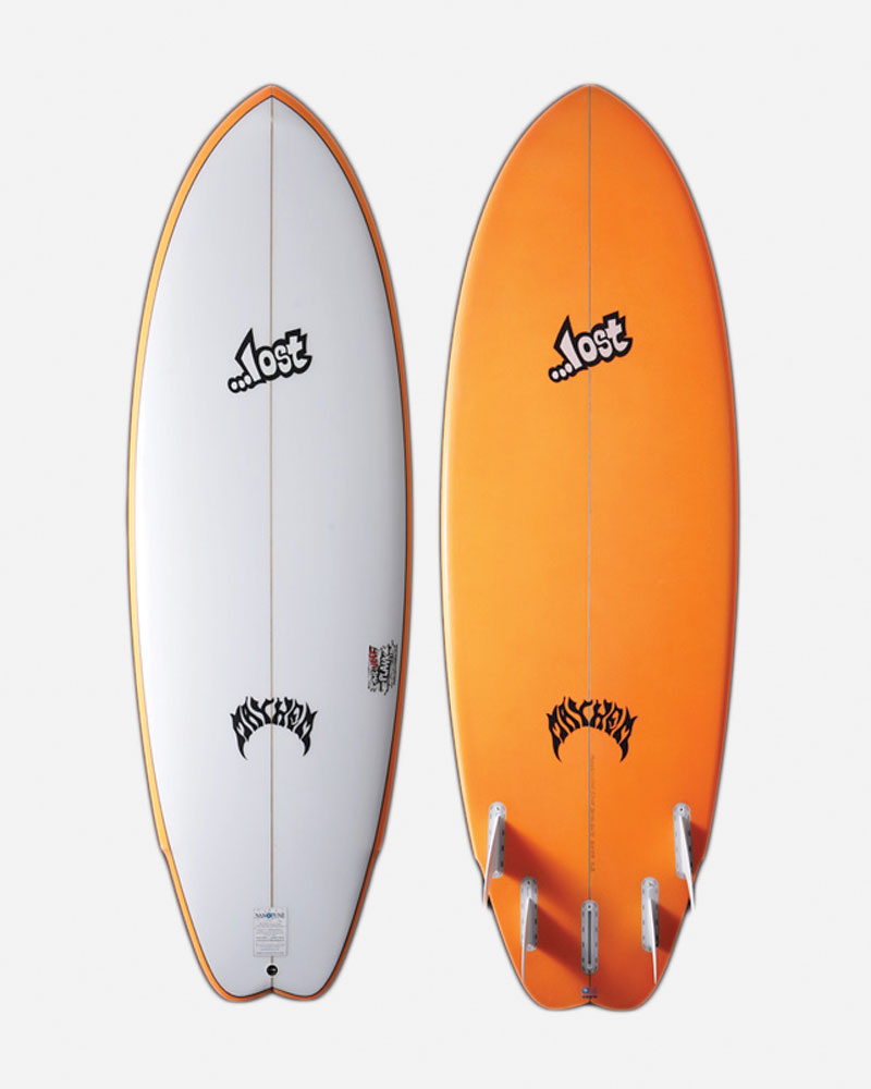 Two surfboards, one white and one orange, side by side.