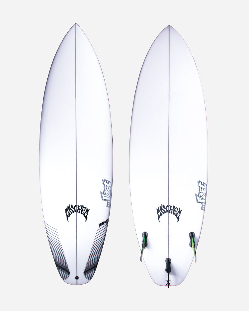 Two surfboards displayed from top and bottom views.