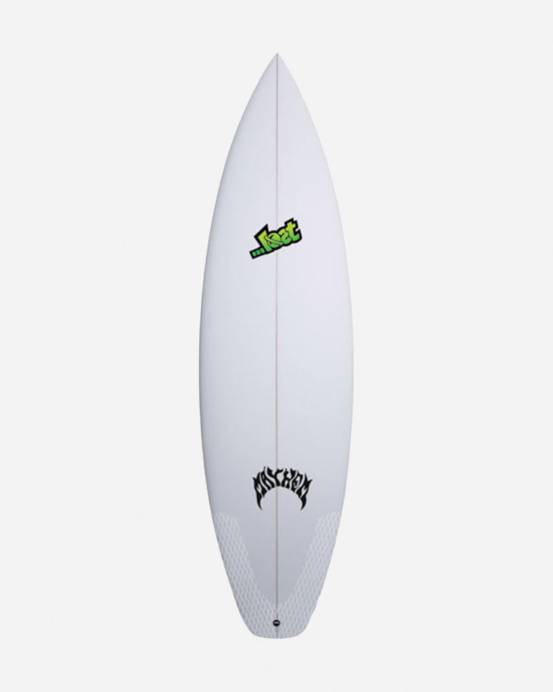 White surfboard with green and black logos on top.