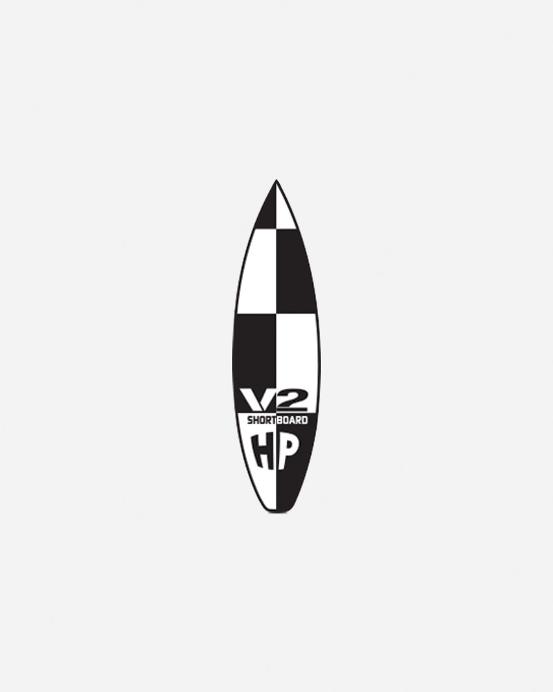 Black and white surfboard logo with "V2 SHORTBOARD HP.