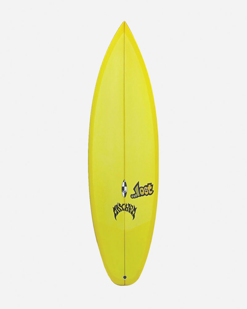 Yellow surfboard with "Lost" logo and graphic design.