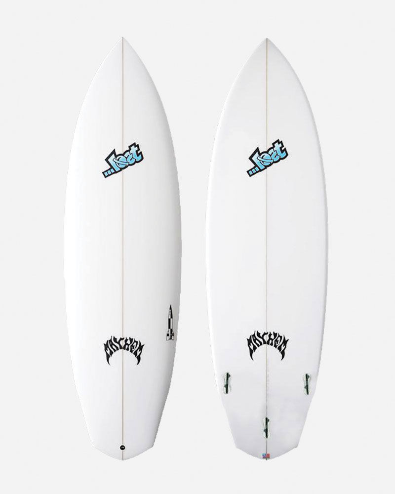 Two surfboards displayed, one on each side, featuring logos.