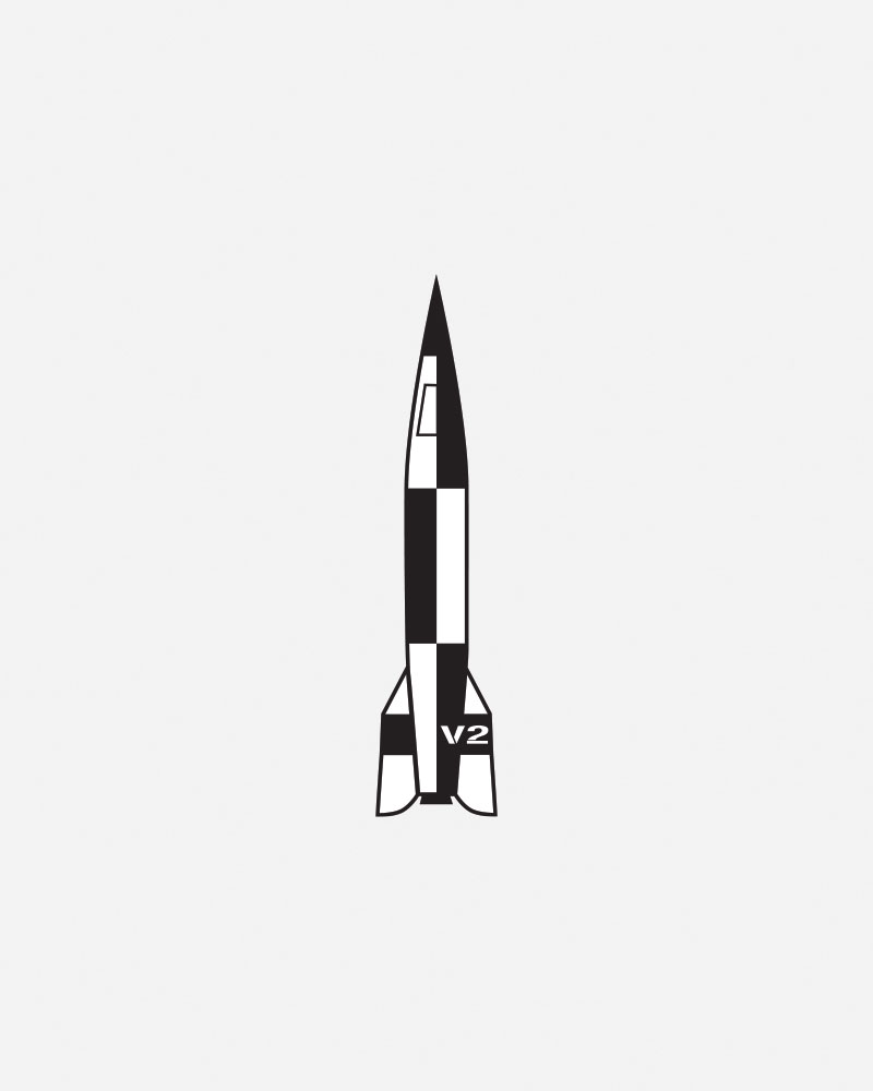 Black and white illustration of a V2 rocket.