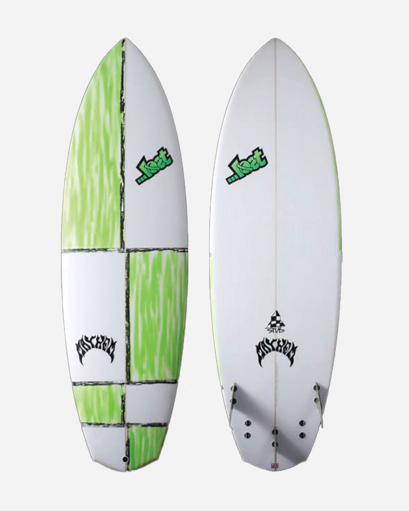 Two surfboards with green and white designs.