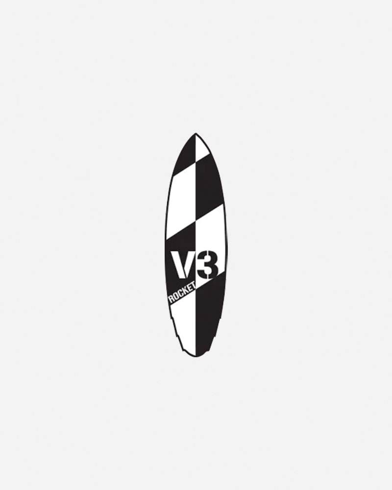 Black and white surfboard logo with "V3 ROCKET" text.