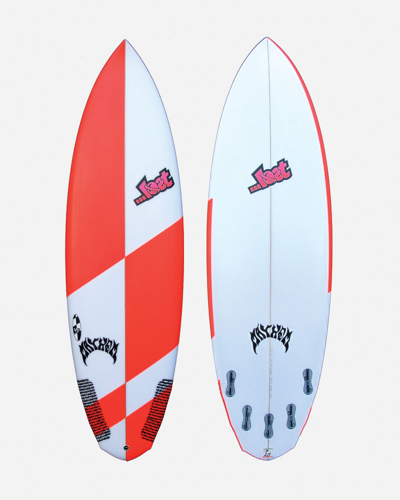 Two surfboards with a red and white design.