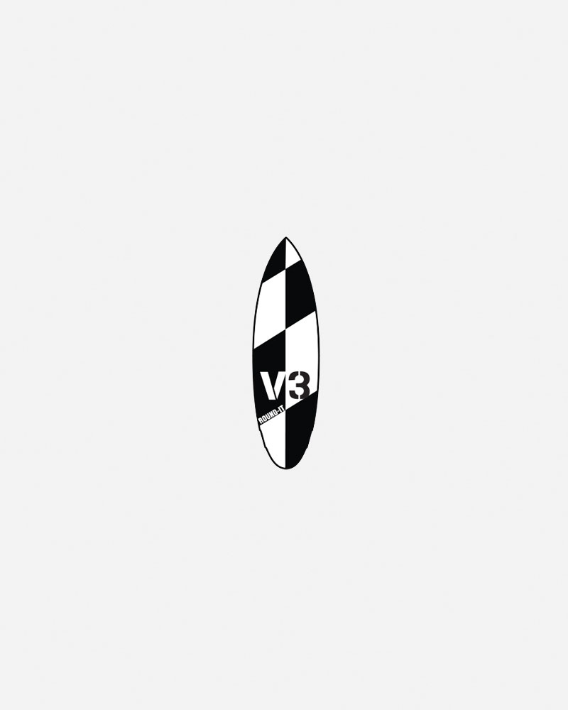 Black and white surfboard logo with "V3" text.