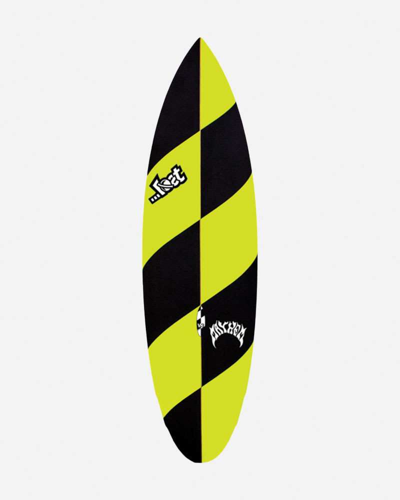 Yellow and black striped surfboard with logos.