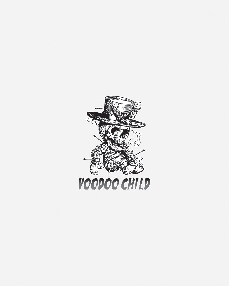 Skeleton figure with a top hat and pins, labeled "Voodoo Child.