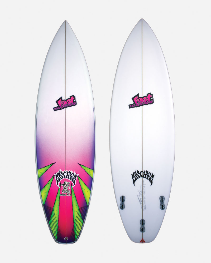 Two surfboards with vibrant designs and logos.