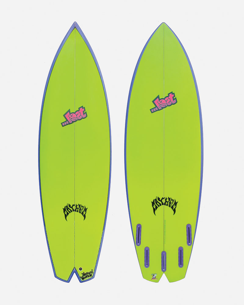Two vibrant green surfboards with logos and fins.