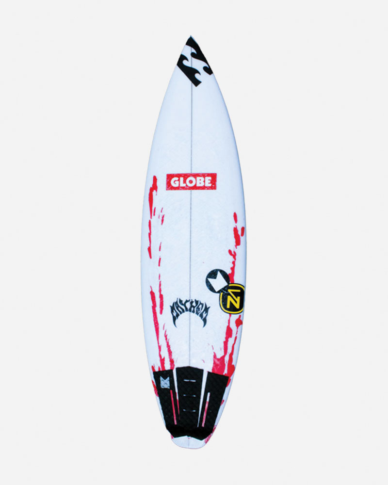 A white surfboard with red streaks and various logos, including "GLOBE" and a black design at the tail. The board has a pointed nose and a sleek shape, suitable for surfing.