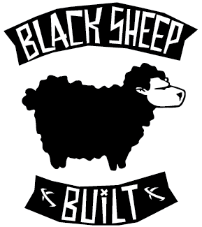 A black silhouette of a sheep with a cartoonish face, surrounded by the text "BLACK SHEEP" at the top and "BUILT" at the bottom, both in bold, stylized letters.