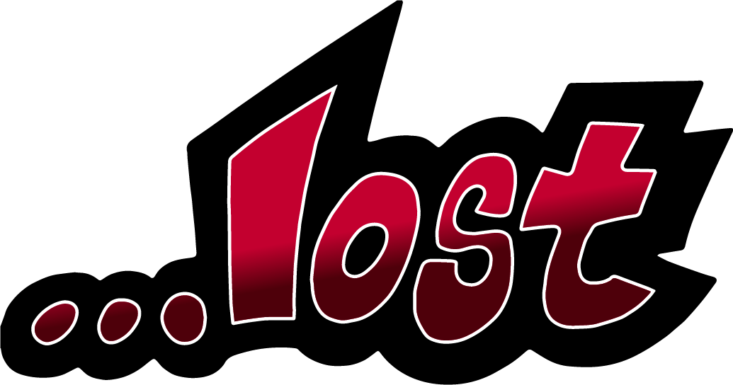 Burgundy text graphic with the word "lost" in stylized font.