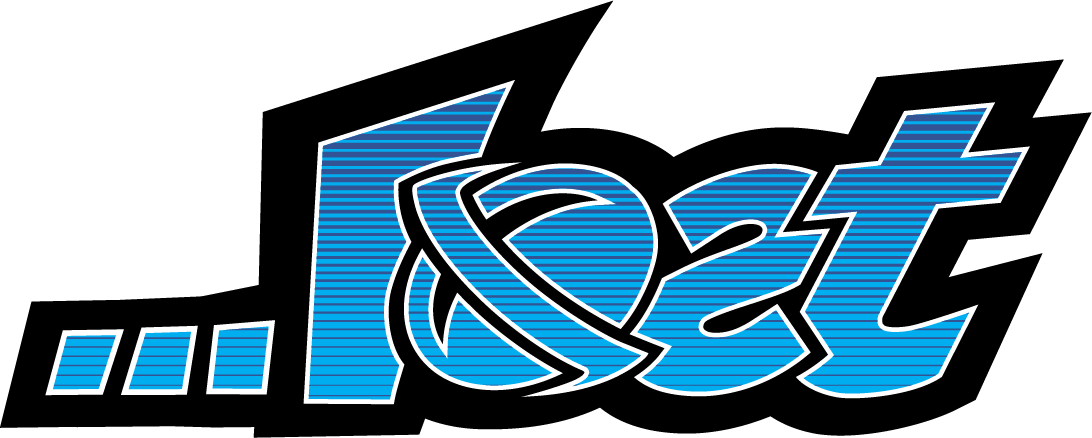 Blue and black stylized text logo with stripes.