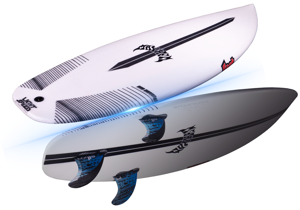 Surfboard displayed from multiple angles with unique designs.