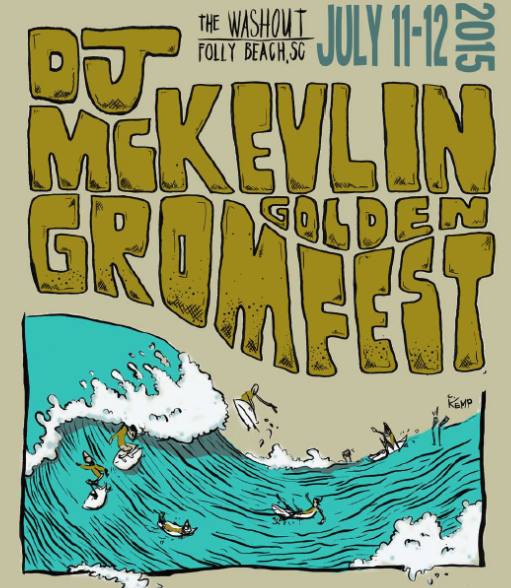 Poster for Gromfest featuring surfers and waves.