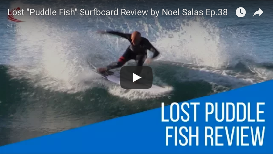 Surfer riding a wave while reviewing the Lost "Puddle Fish" surfboard.
